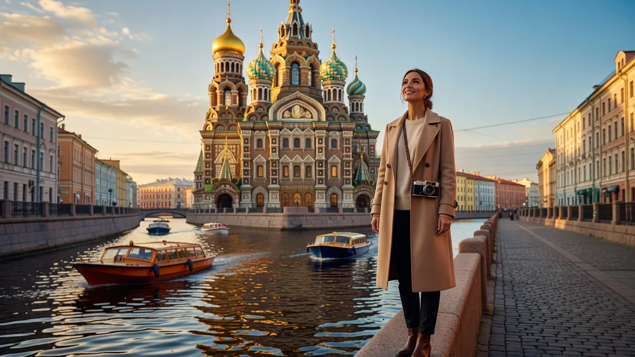 Canaux de Saint-Pétersbourg au coucher du soleil avec une voyageuse contemplative