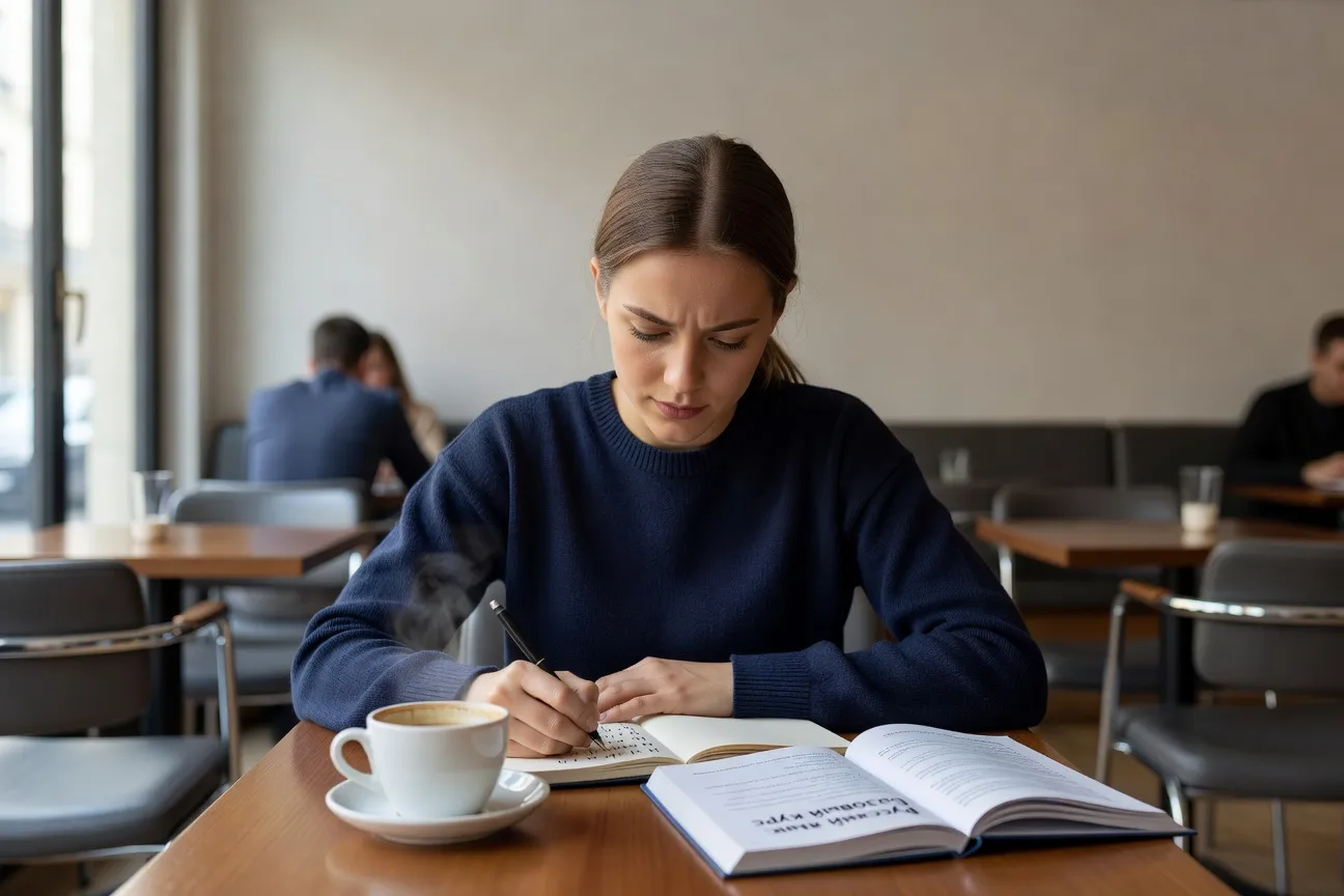 Étudiante prenant des notes en alphabet cyrillique sur un cahier