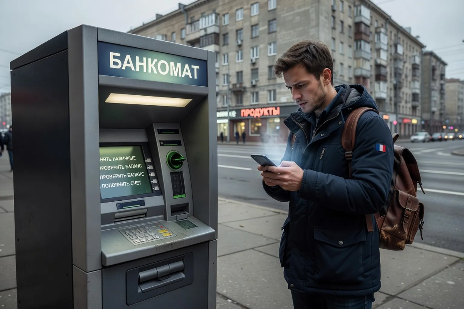 Distributeur automatique de billets en Russie avec interface cyrillique