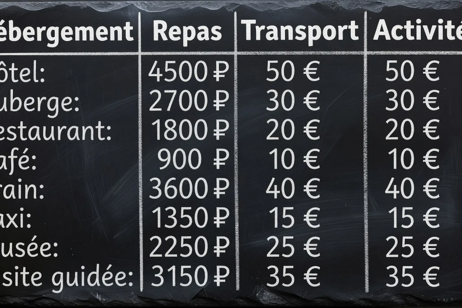 Tableau de budget voyage dessiné sur ardoise noire, rubriques en roubles et euros