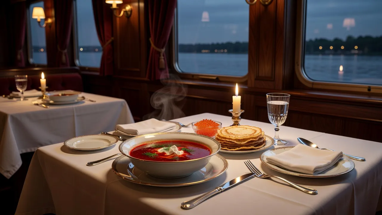 Table dressée avec spécialités russes servies dans le salon principal d'un bateau de croisière
