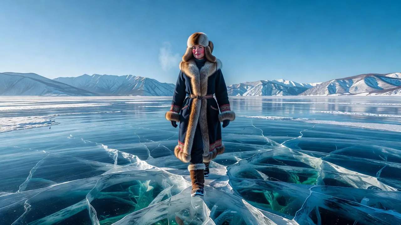 Touriste équipé marchant sur la glace transparente du lac Baïkal en hiver