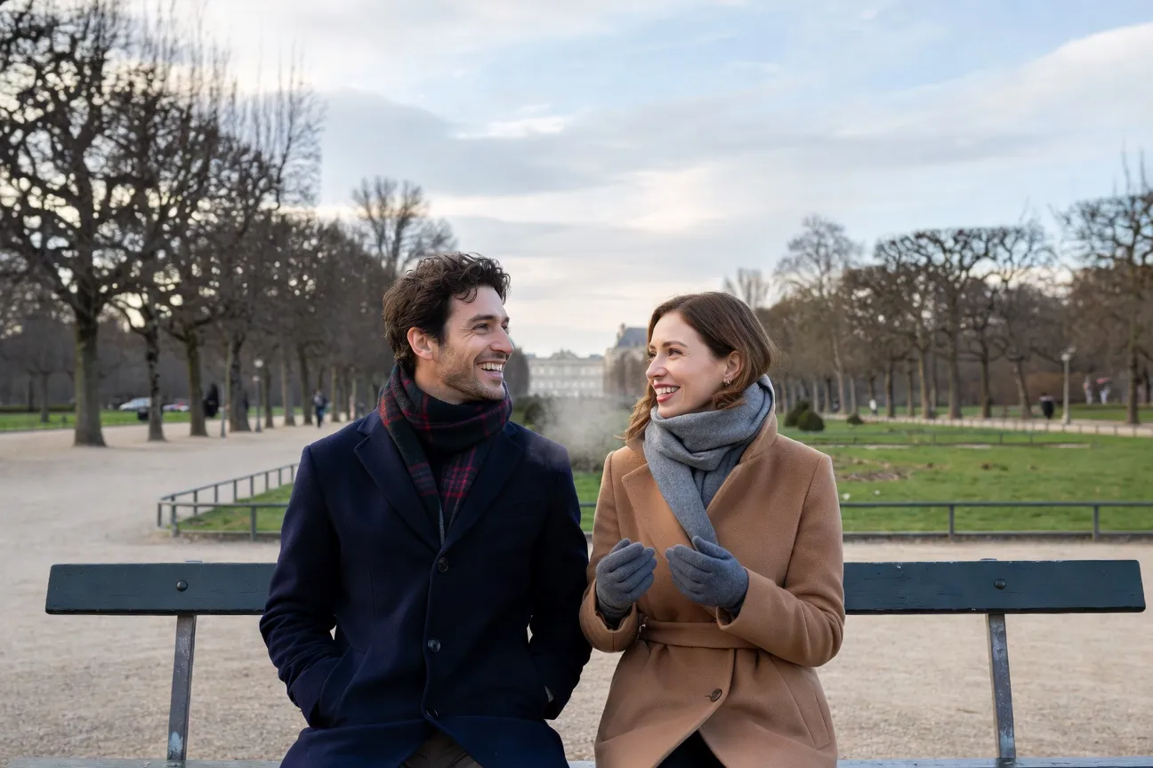 Couple franco-russe se promenant dans un jardin parisien en hiver