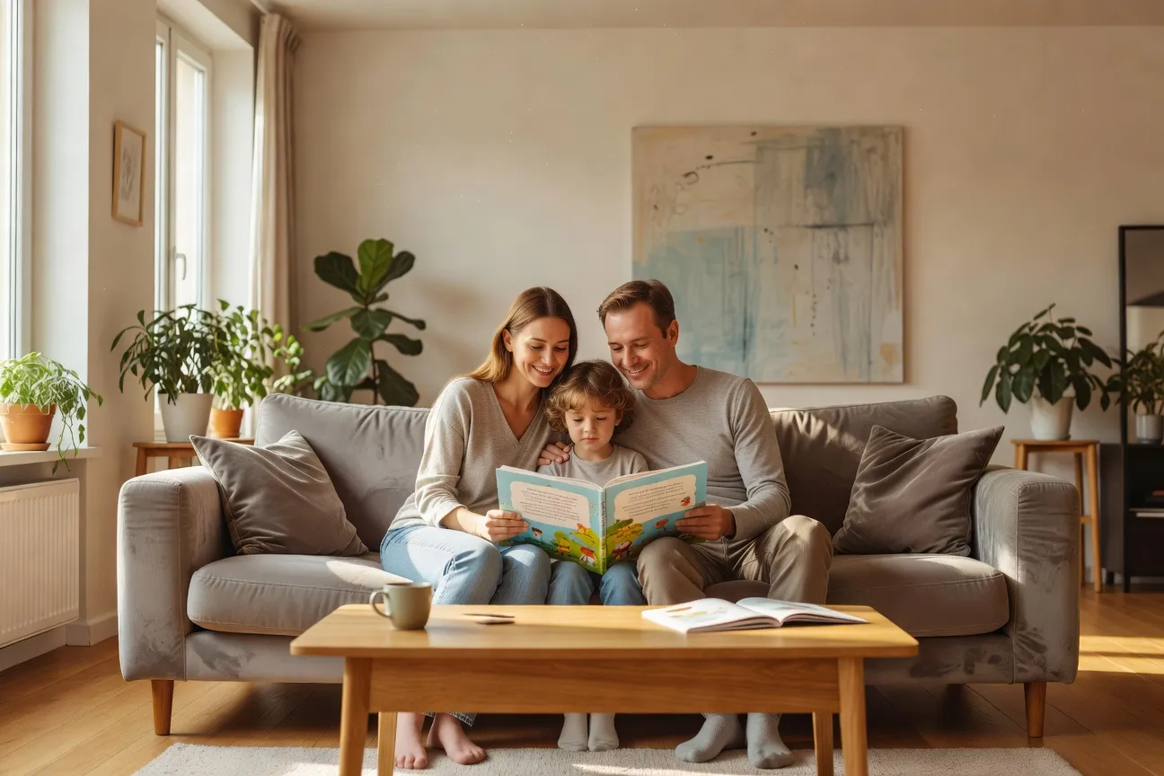 Famille franco-russe avec enfant lisant un livre bilingue dans un appartement parisien