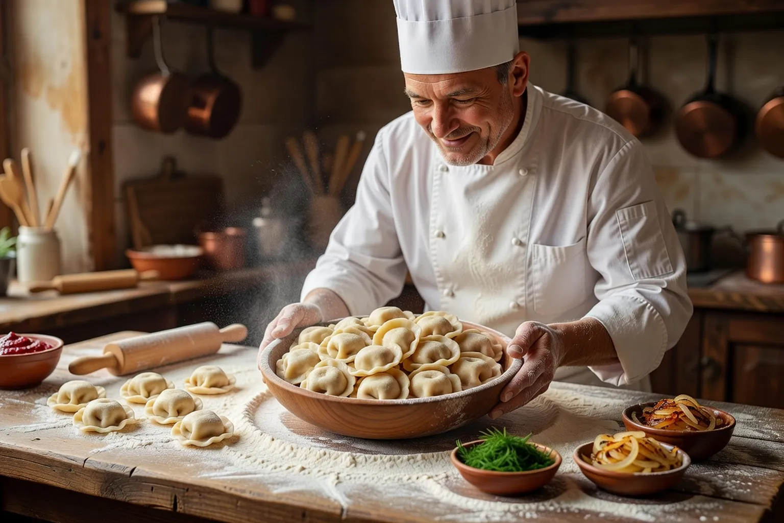 Chef cuisinier russe présentant des pelmenis frais