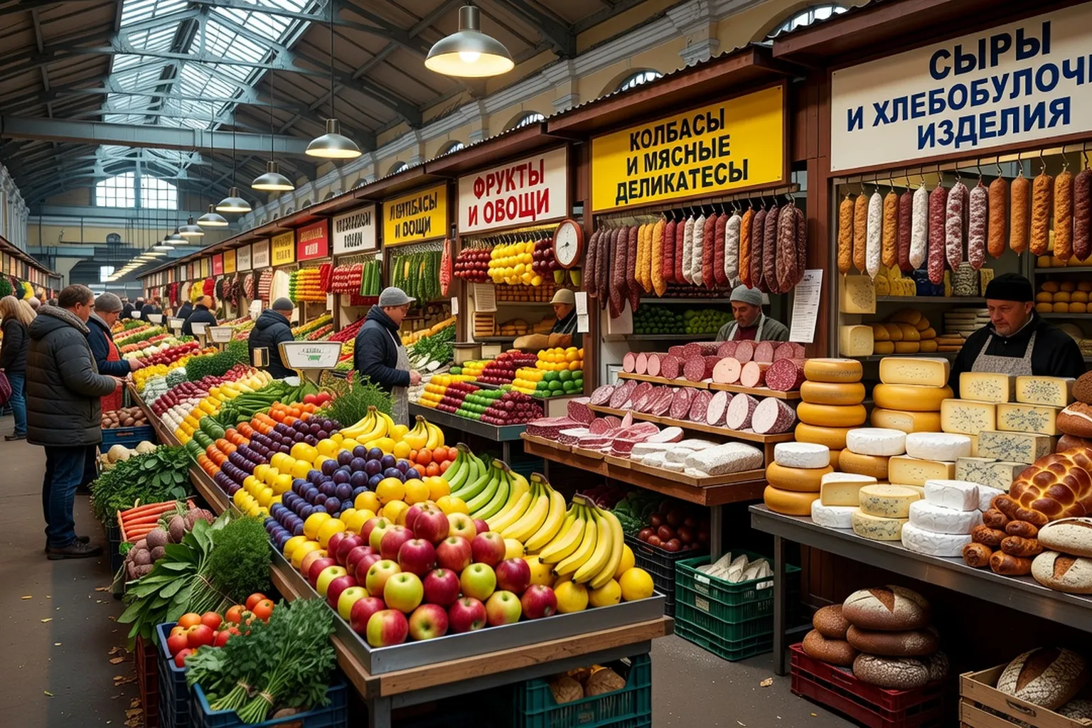 Marché alimentaire couvert de Moscou, stands colorés