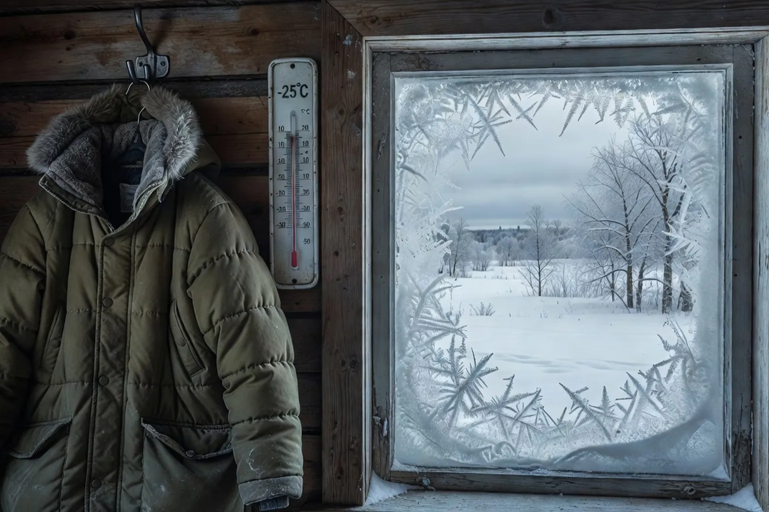 Parka d'hiver épaisse, thermomètre sibérien, fenêtre givrée
