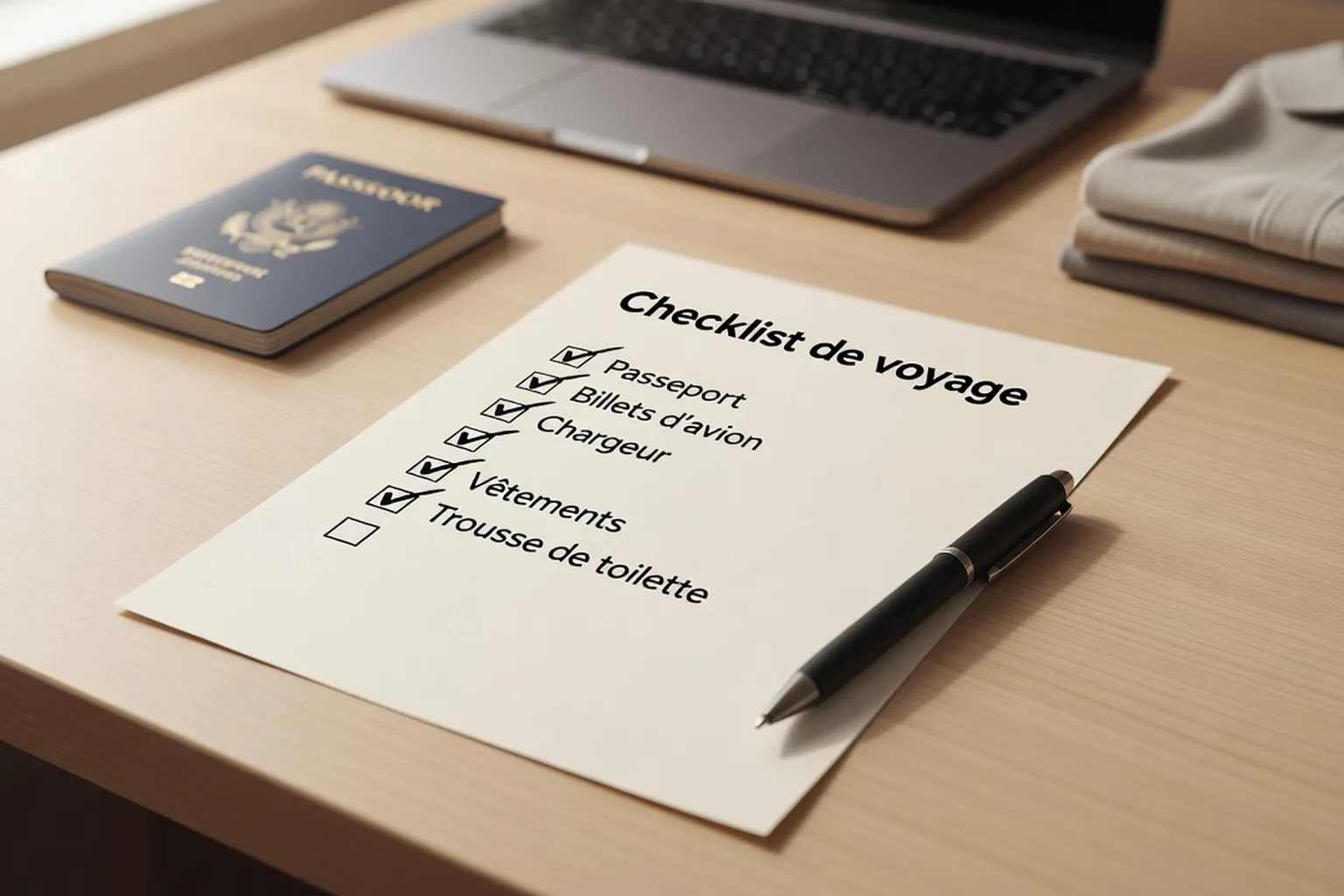 Checklist de voyage soignée sur papier, stylo, bureau ordonné