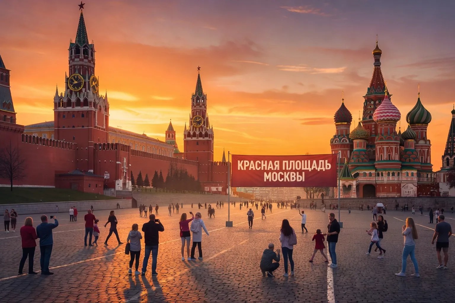 Place Rouge de Moscou au coucher du soleil orangé, Kremlin en arrière-plan, touristes en tenues décontractées