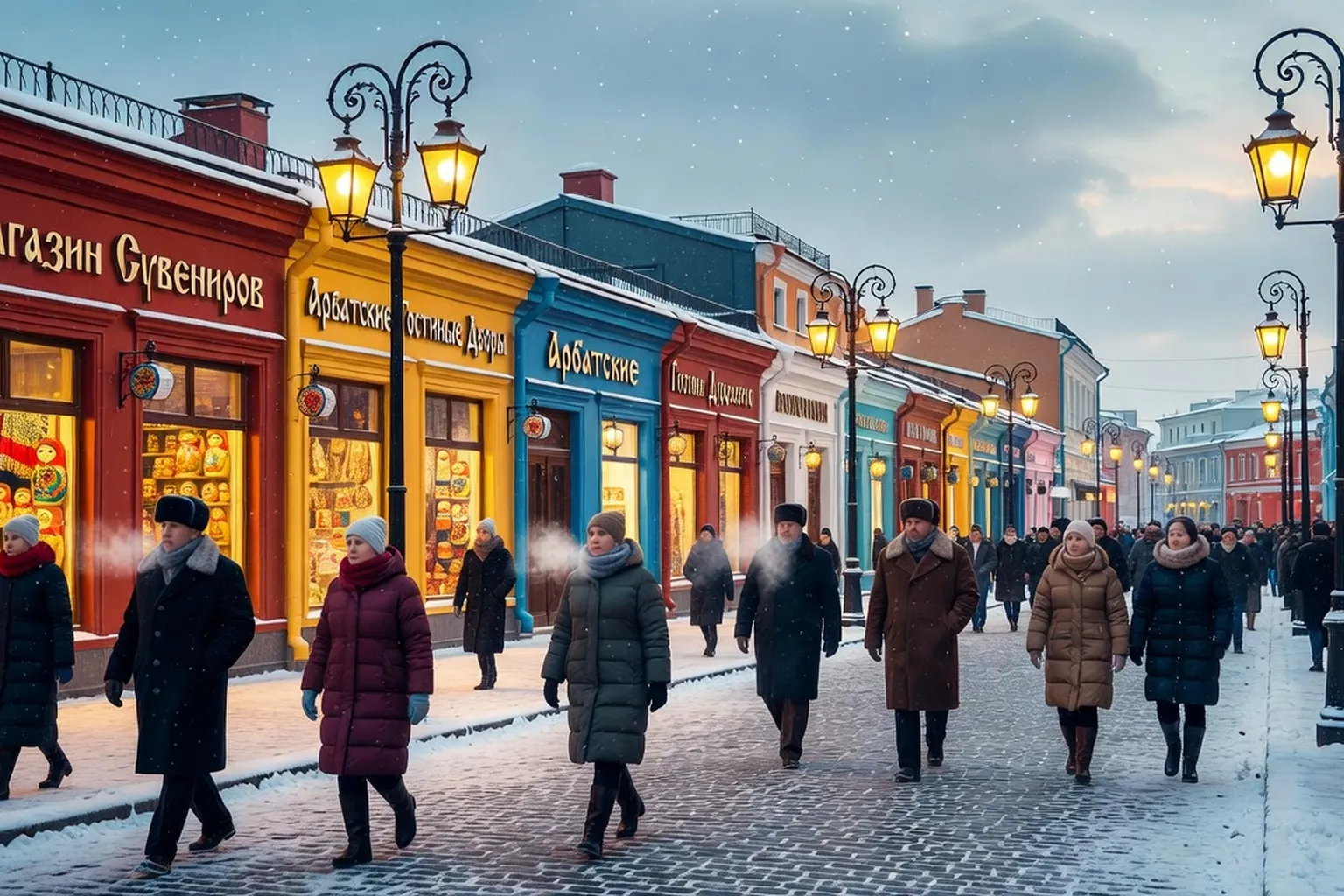 Rue piétonne animée de Moscou Arbat, boutiques colorées, passants en habits chauds, lampadaires anciens