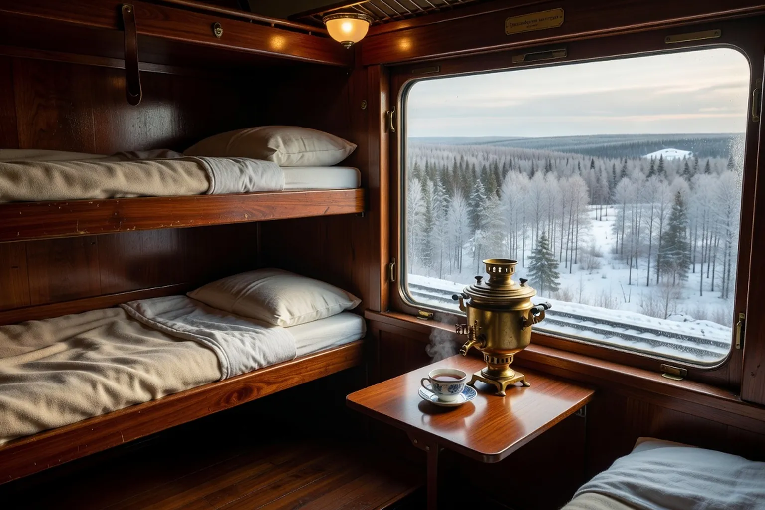 Intérieur wagon koupé transsibérien avec couchettes en bois verni, fenêtre sur paysage sibérien et tasse de thé samovar