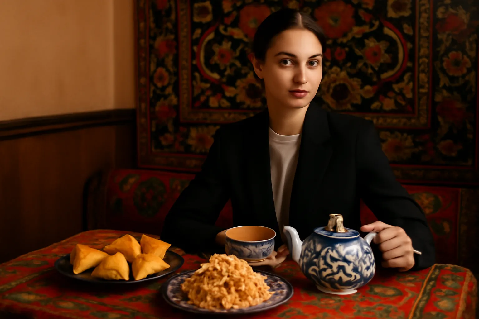 Voyageuse dégustant echpochmak et chak-chak lors d'une pause thé traditionnelle tatare à Kazan