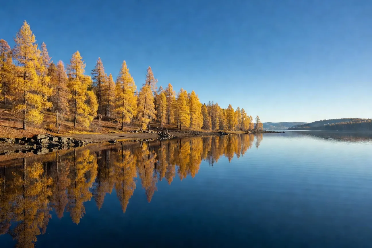 Forêt de mélèzes dorés au bord du lac Baïkal en automne sous un ciel bleu