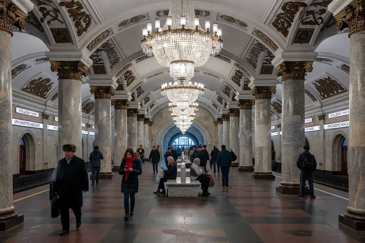 Station de métro moscovite ornée de mosaïques et de lustres, exemple de l'architecture souterraine de la ville
