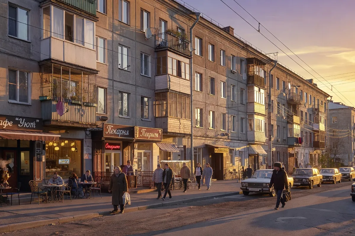 Rue animée d'un quartier résidentiel de Moscou avec cafés et passants, illustrant la vie quotidienne locale