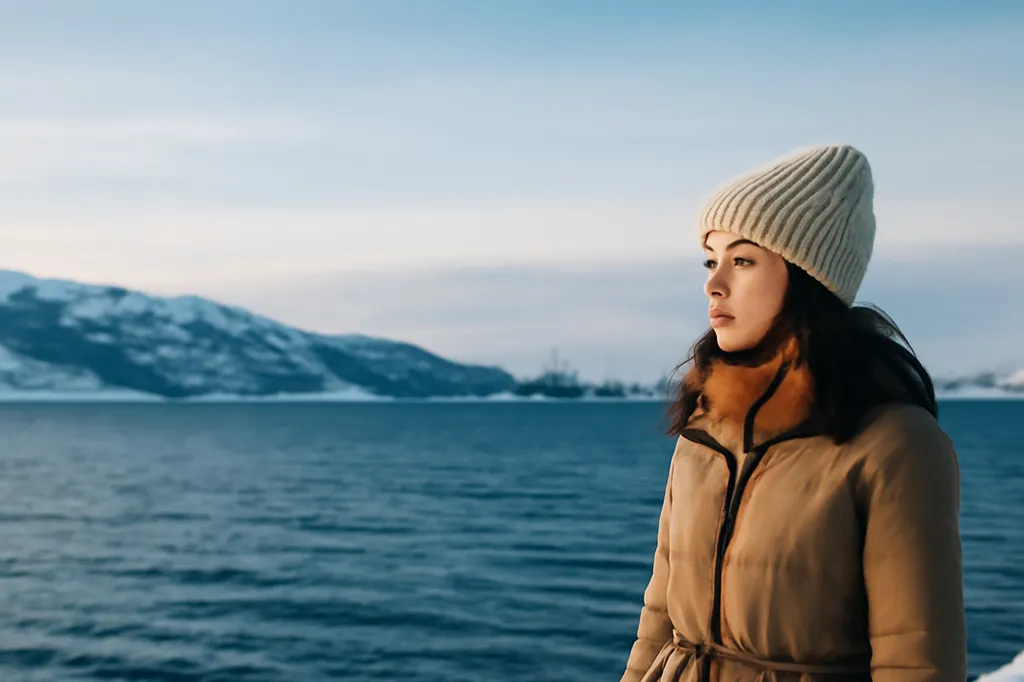 Voyageuse contemplant le port de Mourmansk et la baie de Kola libre de glace en hiver arctique