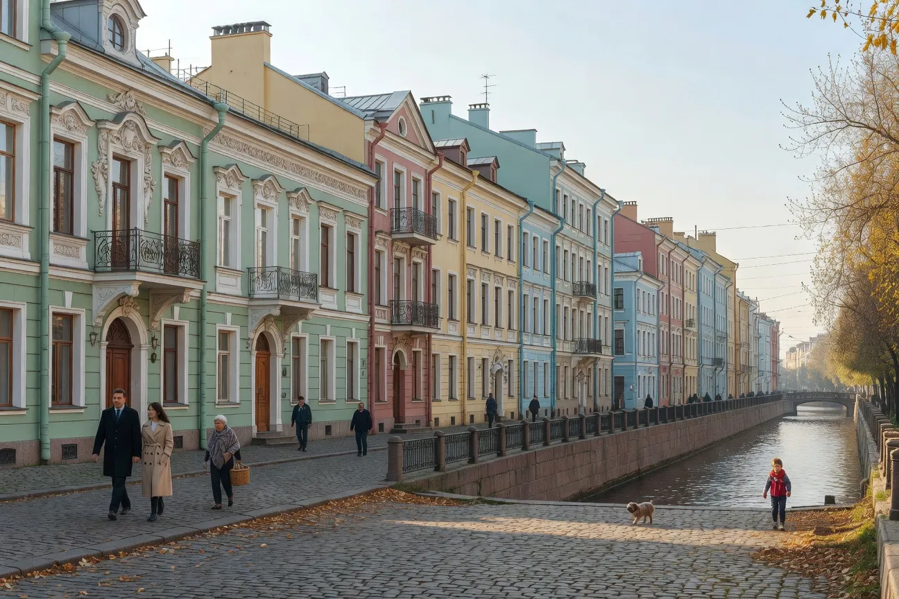 Quartier de Vassilievski Ostrov à Saint-Pétersbourg avec ses canaux et façades pastel