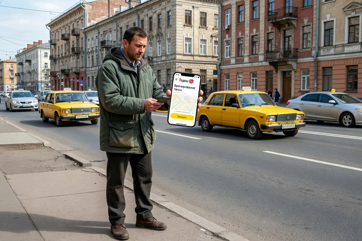 Voyageur consultant une application de réservation de taxi sur son téléphone à la sortie d'un aéroport russe