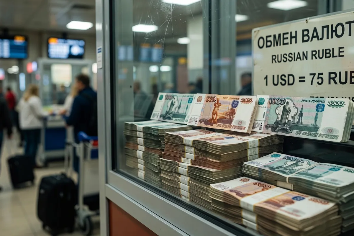 Bureau de change officiel agréé dans une rue commerçante russe avec panneau de taux affichés
