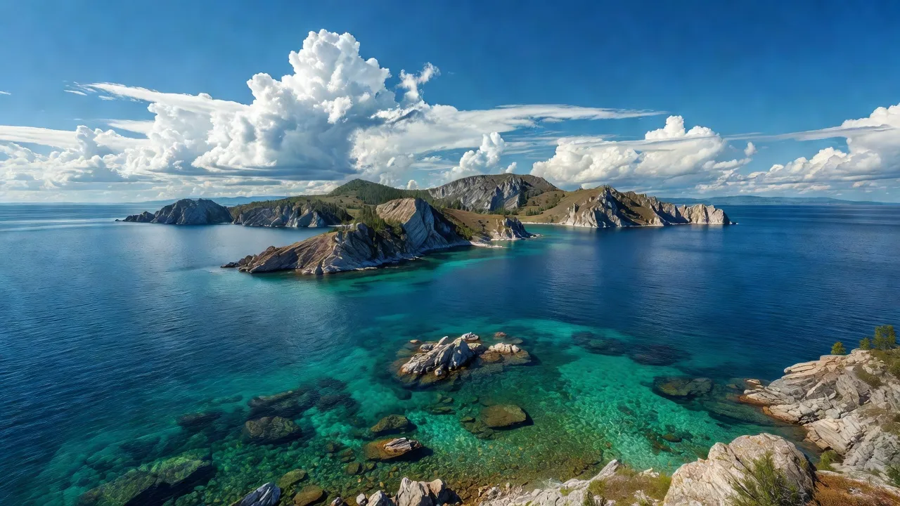 Paysage de l'île d'Olkhon avec ses falaises de calcaire et l'eau turquoise du lac Baïkal