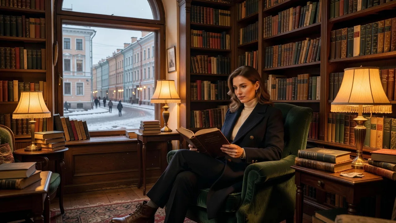 Voyageuse feuilletant un livre ancien dans une librairie de Saint-Pétersbourg
