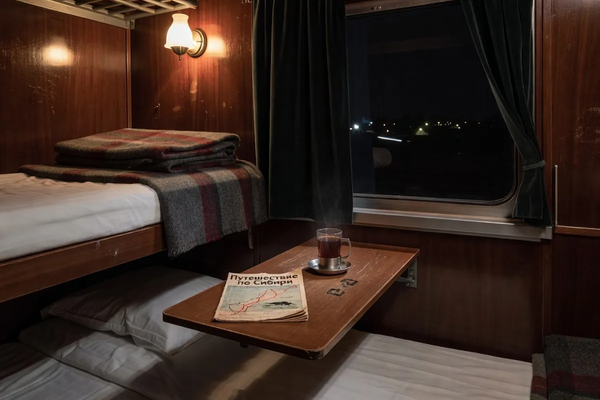 Compartiment couchette de train de nuit russe avec literie préparée et lumière tamisée