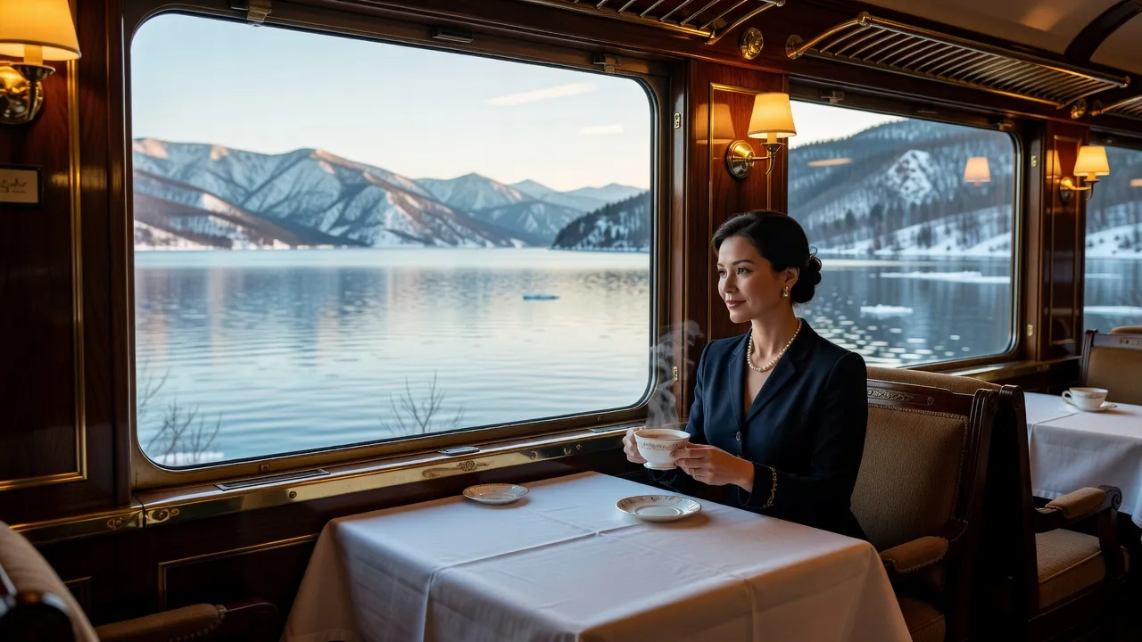 Wagon-restaurant gastronomique à bord d'un train de luxe en Russie