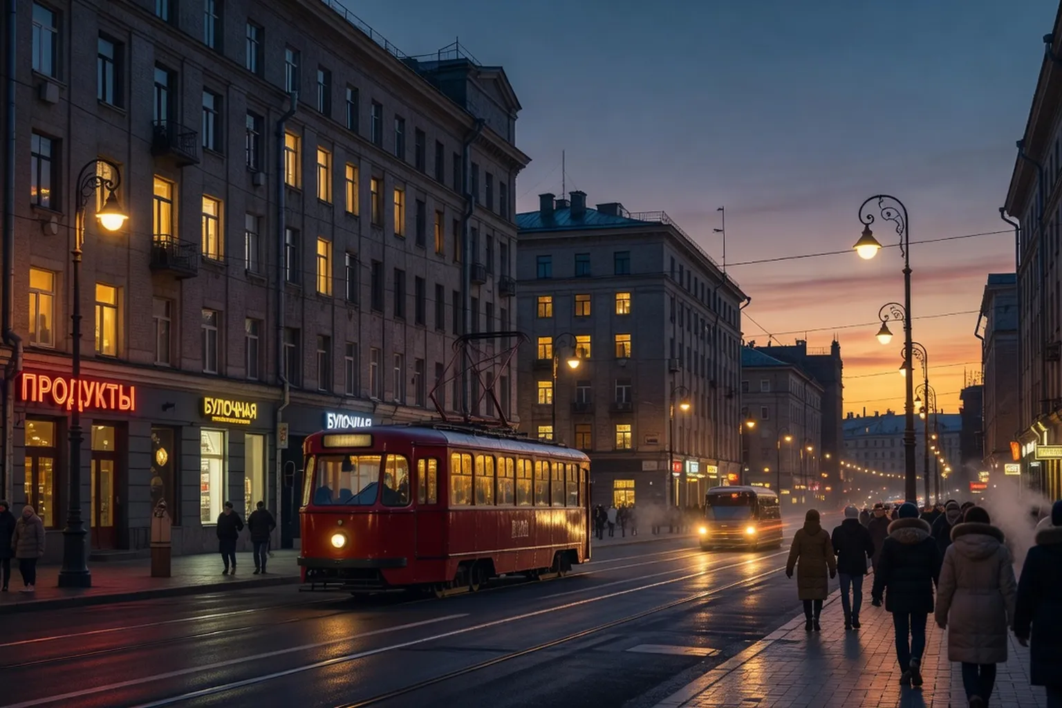 Rue commerçante d'Iekaterinbourg au crépuscule, bâtiments soviétiques éclairés, tramway vintage rouge, ambiance urbaine nocturne