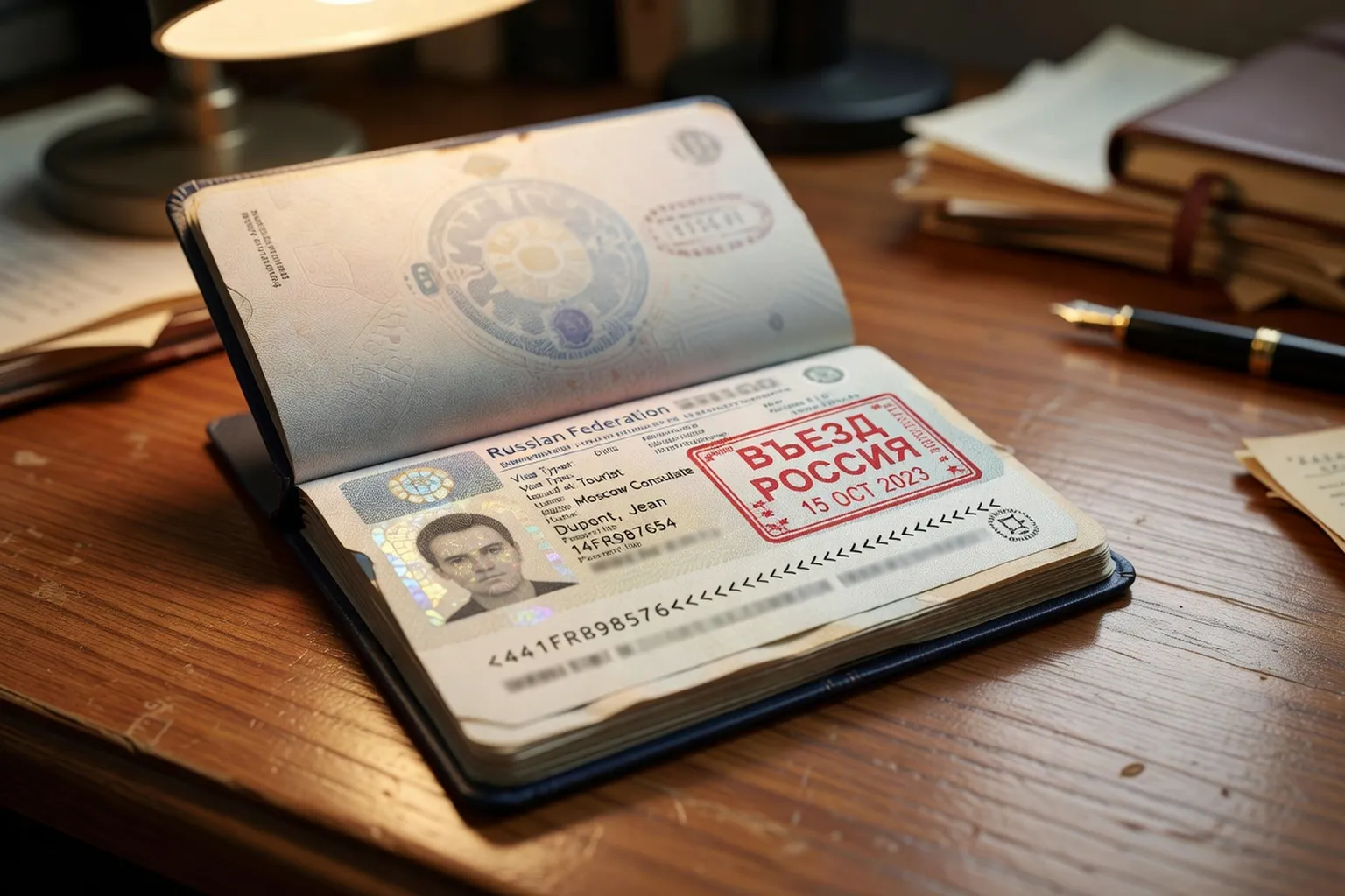 Passeport français ouvert sur la page biographique, tampon d'entrée russe visible, sur fond de carte de la Russie