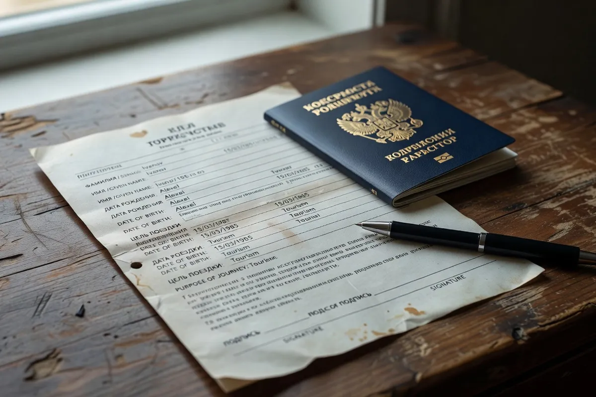 Guichet de consulat russe avec voyageurs déposant leur dossier de visa touristique
