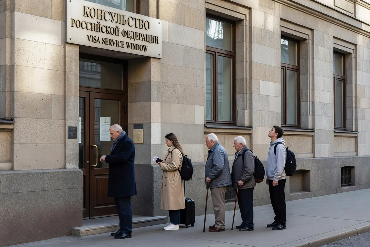Voucher touristique et confirmation de réservation hôtelière posés sur un passeport russe