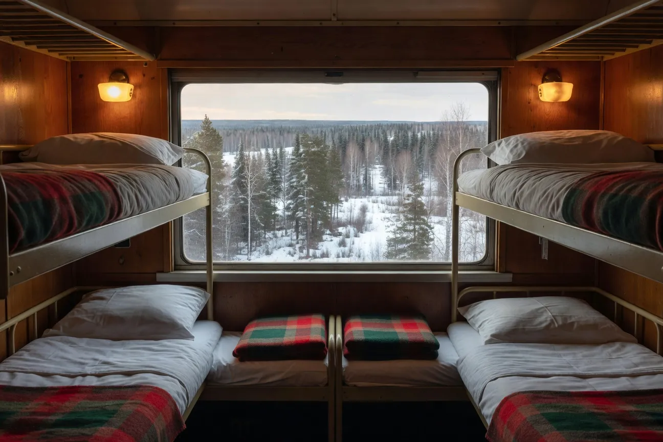 Compartiment koupé du Transsibérien avec quatre couchettes et fenêtre panoramique sur le paysage sibérien