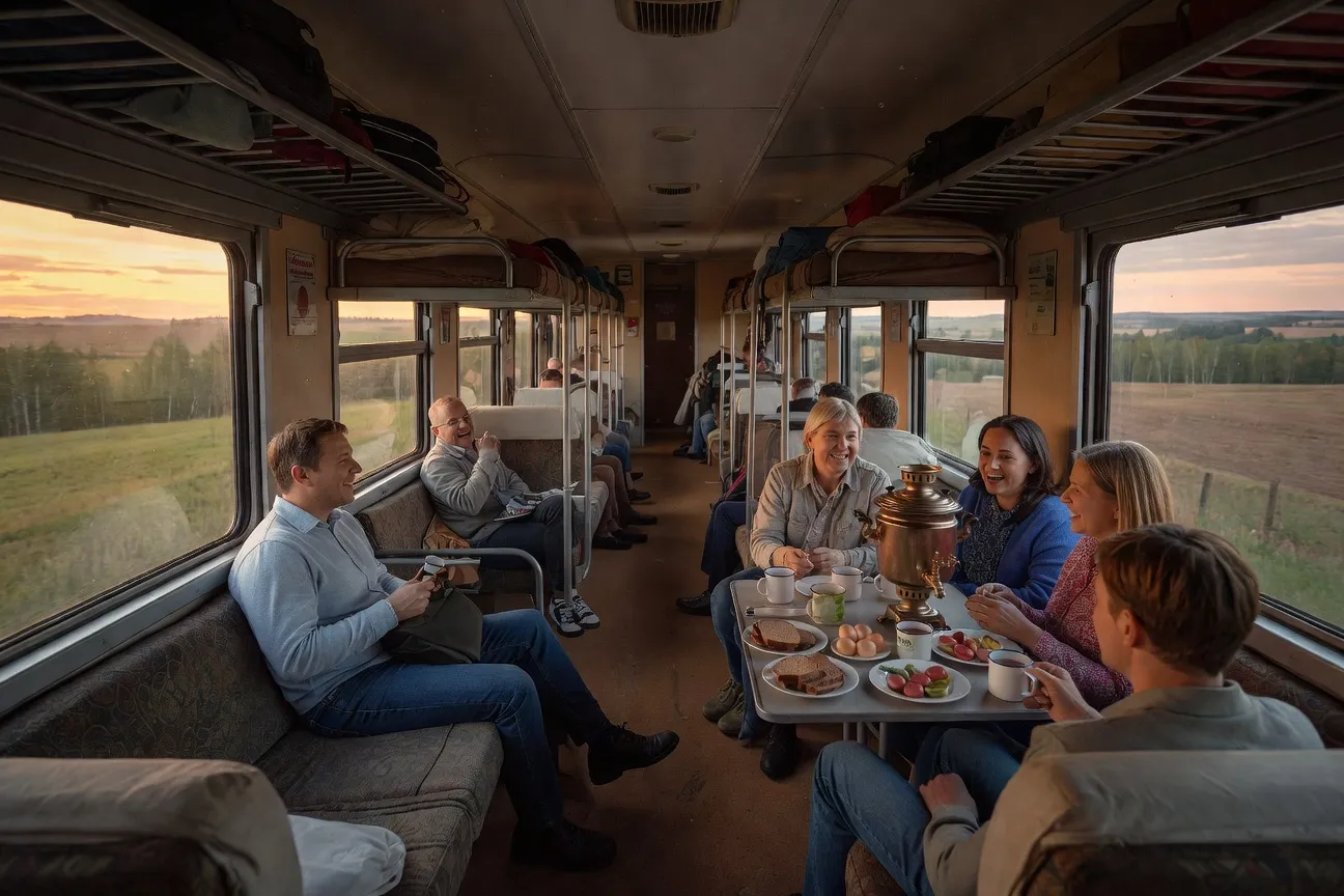 Wagon platzkart du Transsibérien avec couchettes ouvertes alignées et passagers en train de partager un repas