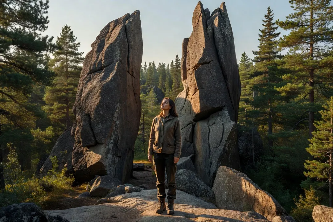 Voyageuse observant les colonnes rocheuses de syénite de la réserve de Stolby près de Krasnoïarsk en Sibérie