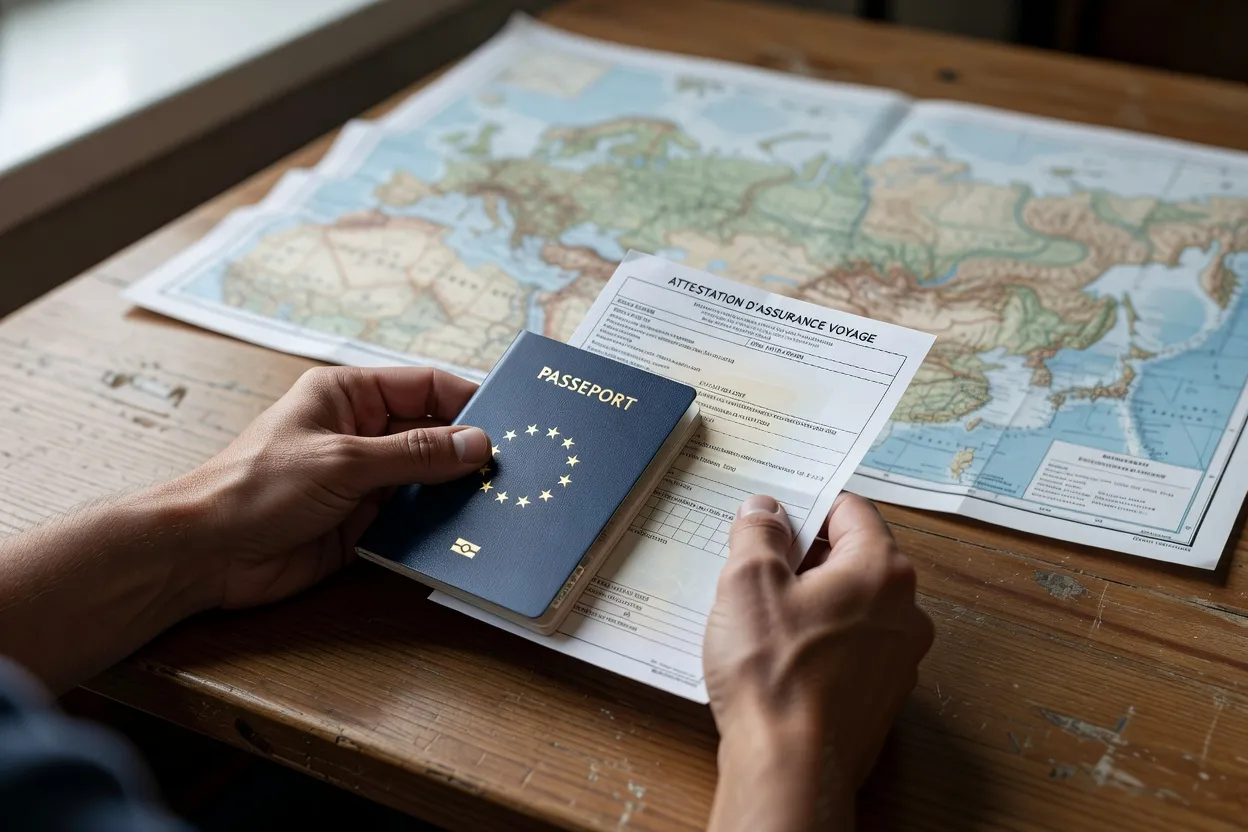 Passeport et attestation d'assurance voyage préparée pour un séjour en Russie