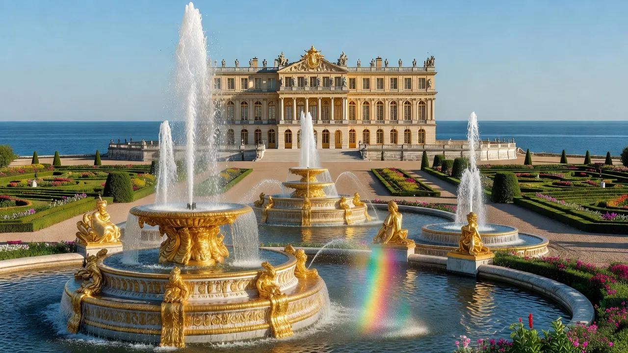 Grandes fontaines dorées d'un palais impérial près du golfe de Finlande