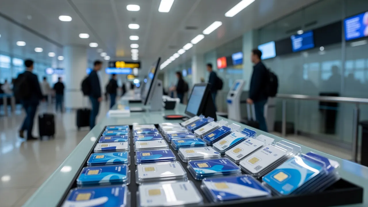 Comptoir de vente de cartes SIM prépayées dans un aéroport russe
