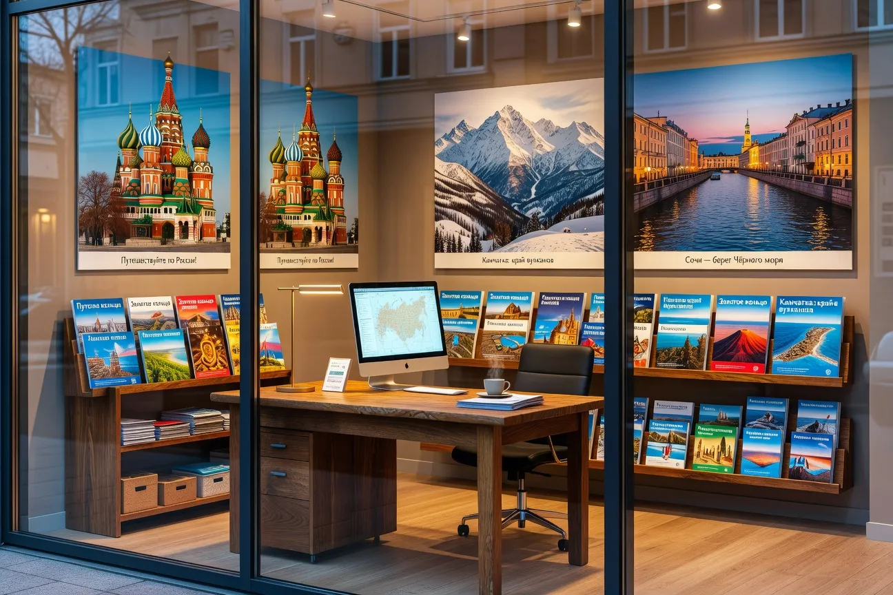 Bureau d'agence de voyage à Saint-Pétersbourg : brochures et bibliothèque