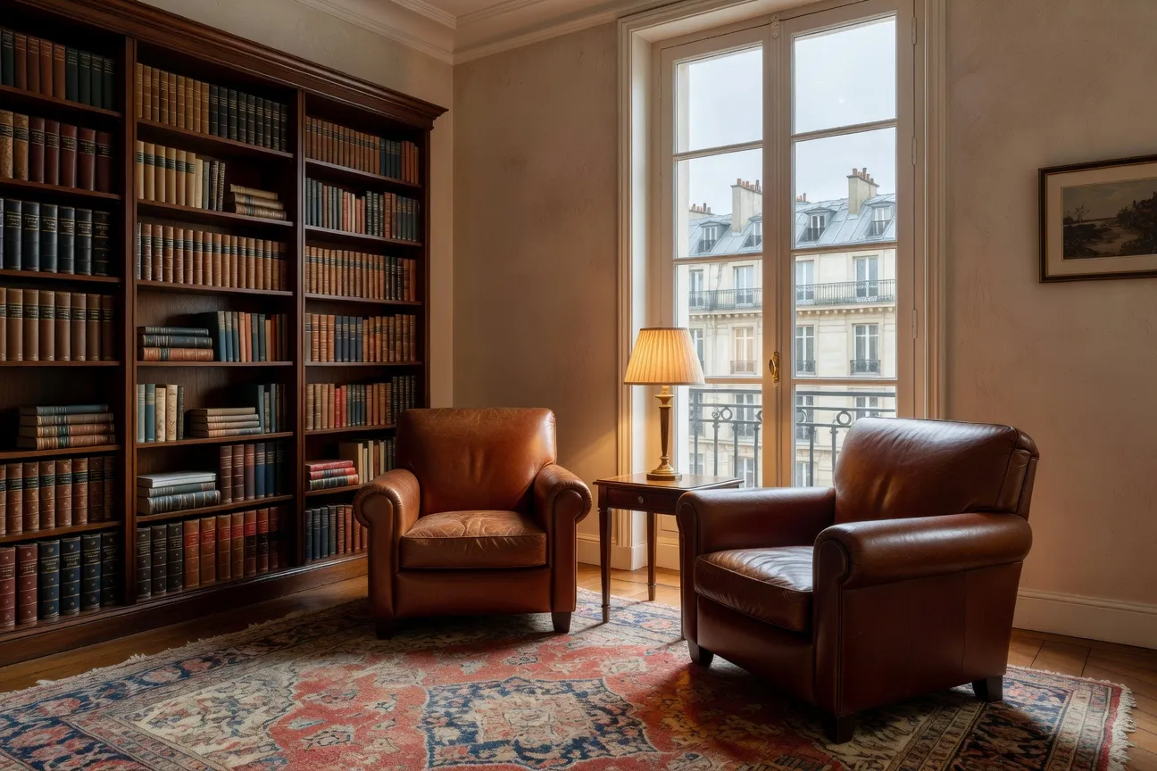 Cabinet de psychologue parisien : fauteuils en cuir, bibliothèque