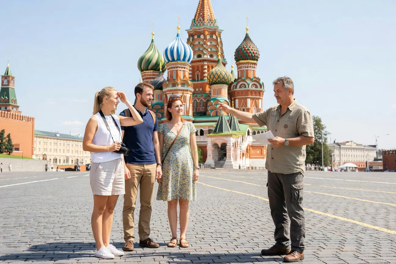 Touristes occidentaux Place Rouge à Moscou avec un guide local