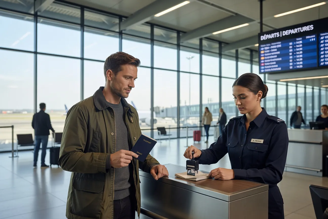 Touriste avec passeport au comptoir aéroport