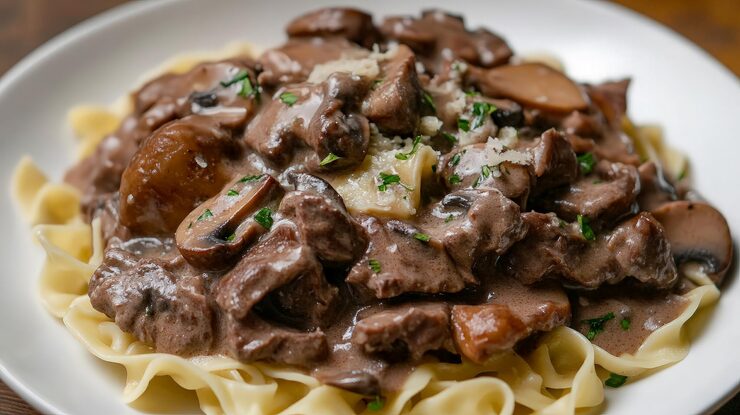 Boeuf Stroganoff servi avec des pâtes et de la crème